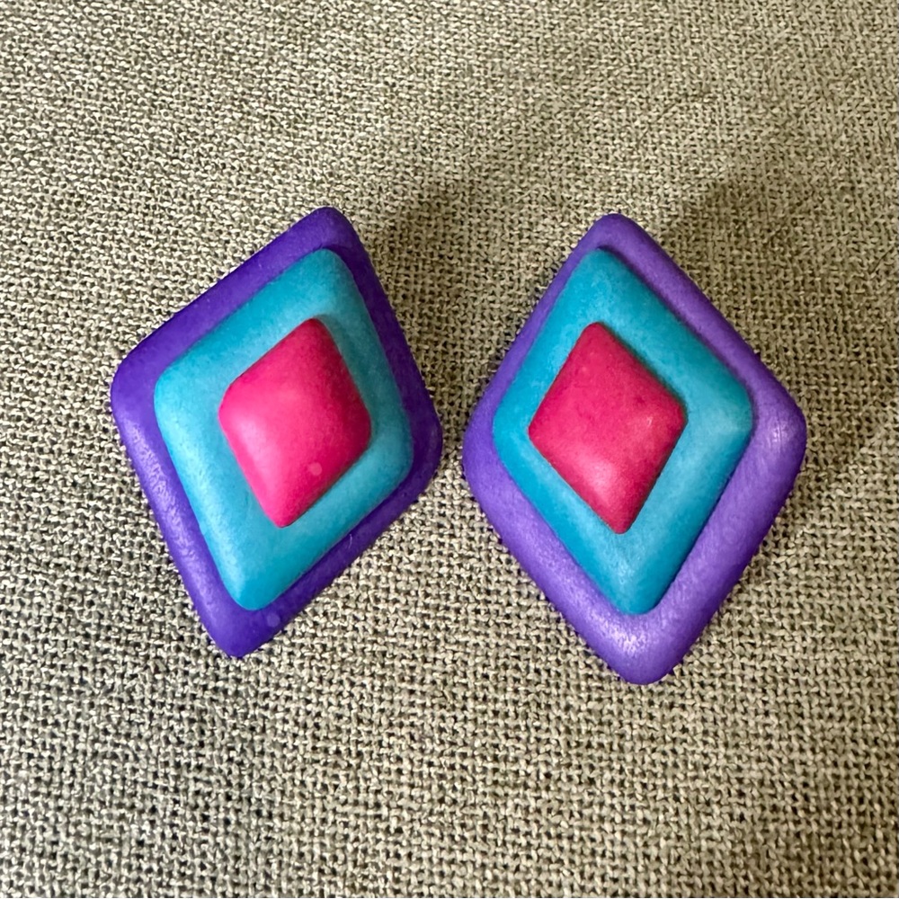 Vintage Pink Blue And Purple Maximalist Wood Layered Diamond Earrings